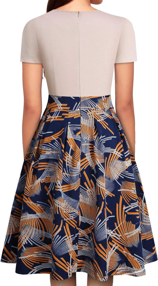 Women'S Vintage Floral Flared A-Line Swing Casual Party Dresses with Pockets