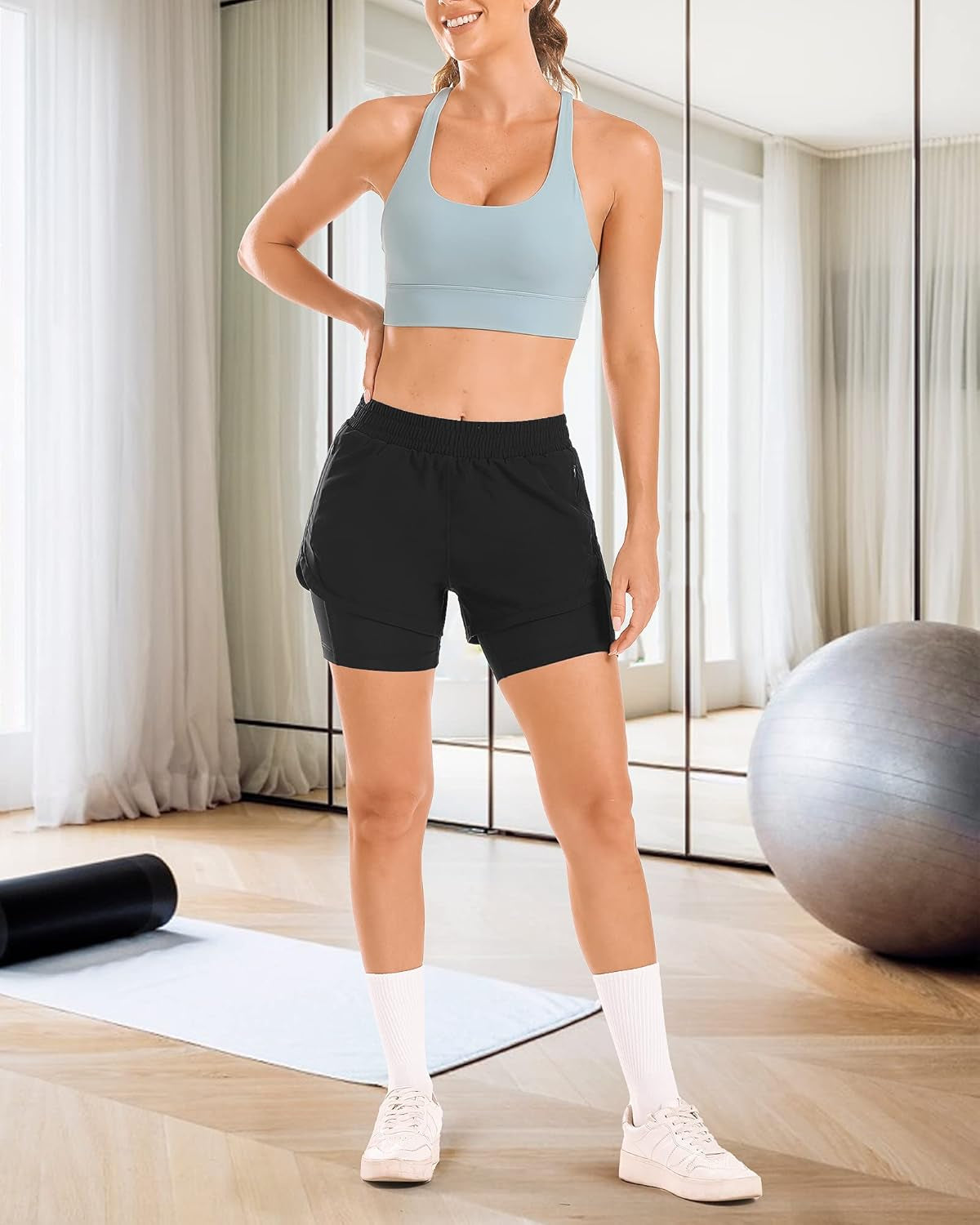 Women 2 in 1 Running Shorts High Waisted Athletic Shorts Gym Workout Shorts with Liner Zipper Pockets