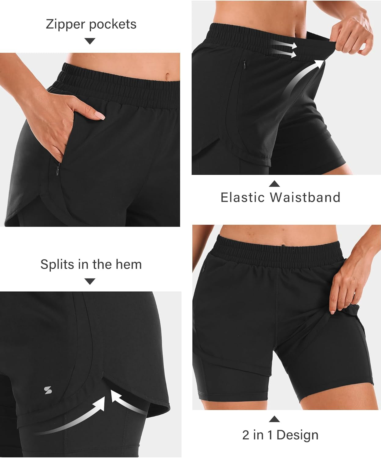 Women 2 in 1 Running Shorts High Waisted Athletic Shorts Gym Workout Shorts with Liner Zipper Pockets