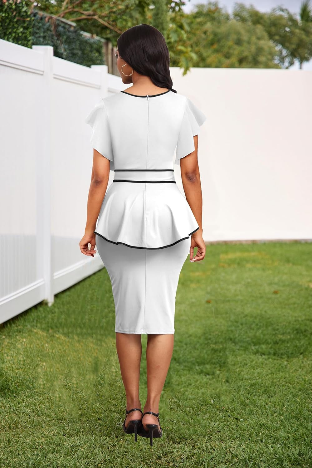 Women'S Vintage Bodycon Church Ruffle Sleeve Ruched Dresses Work Midi Pencil Dress