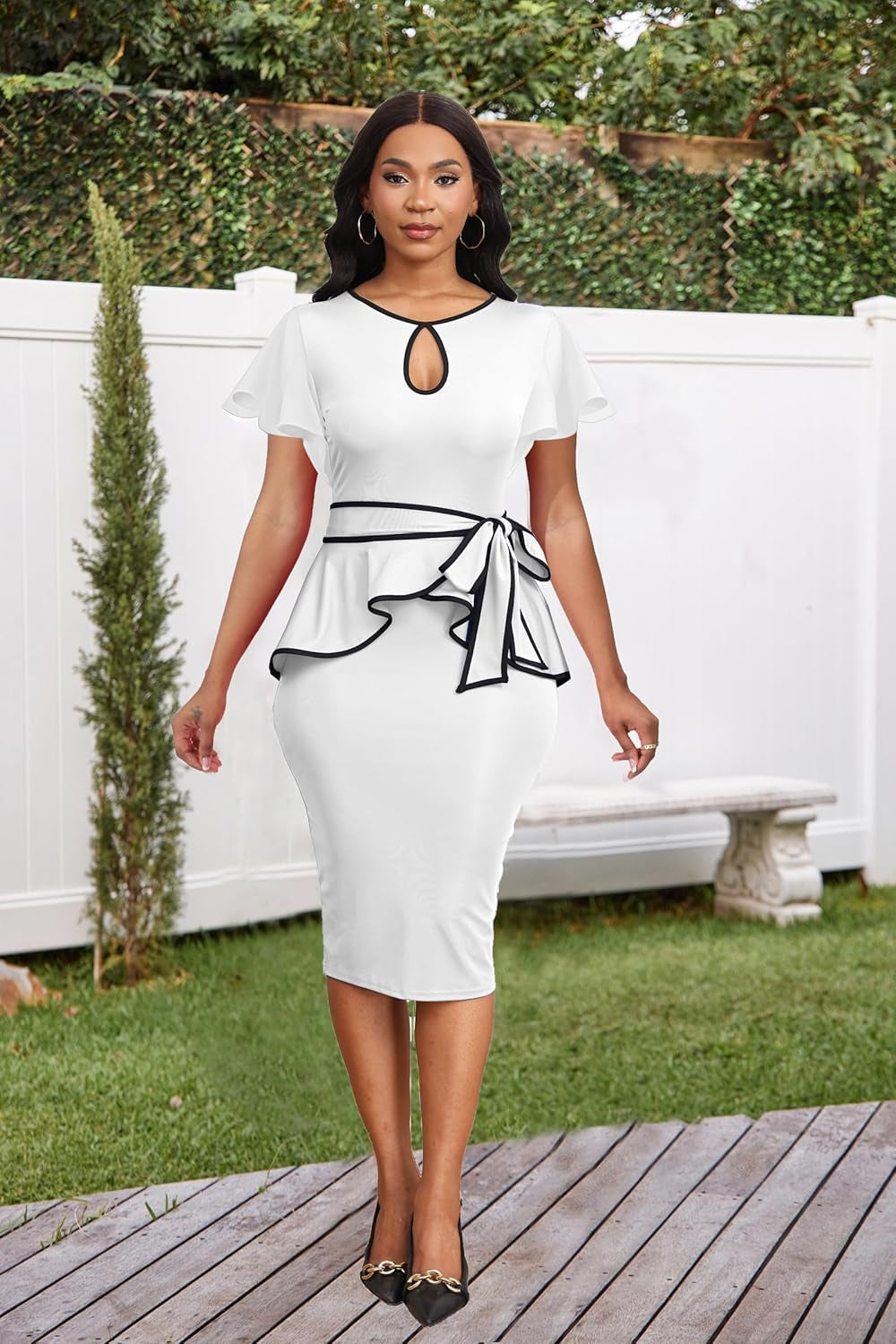 Women'S Vintage Bodycon Church Ruffle Sleeve Ruched Dresses Work Midi Pencil Dress