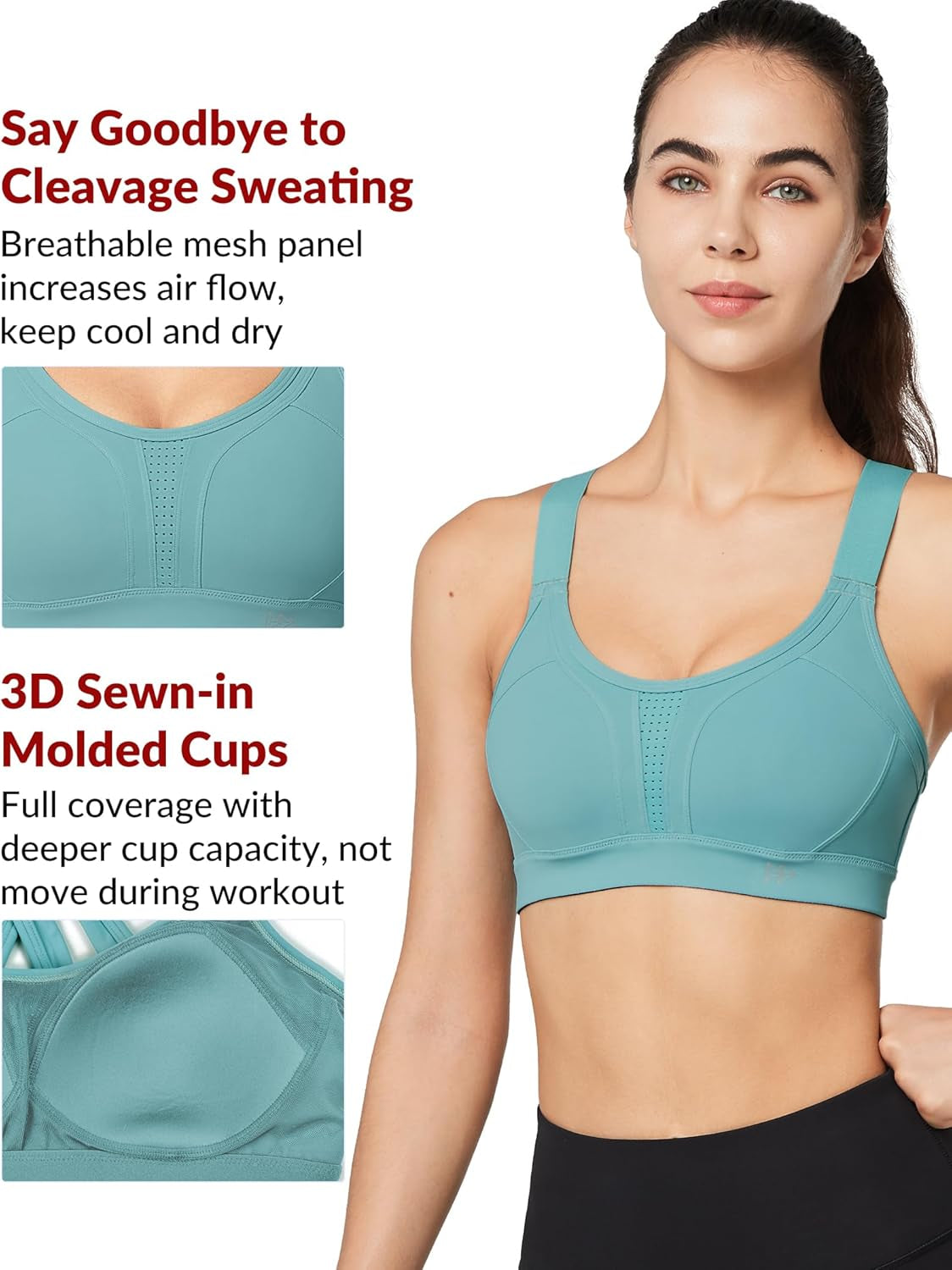 Sports Bra High Impact Adjustable Criss Cross Back, Full Support for Large Bust No Bounce