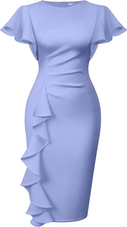 Women'S Vintage Church Ruffle Sleeve Ruched Bodycon Work Midi Pencil Dress