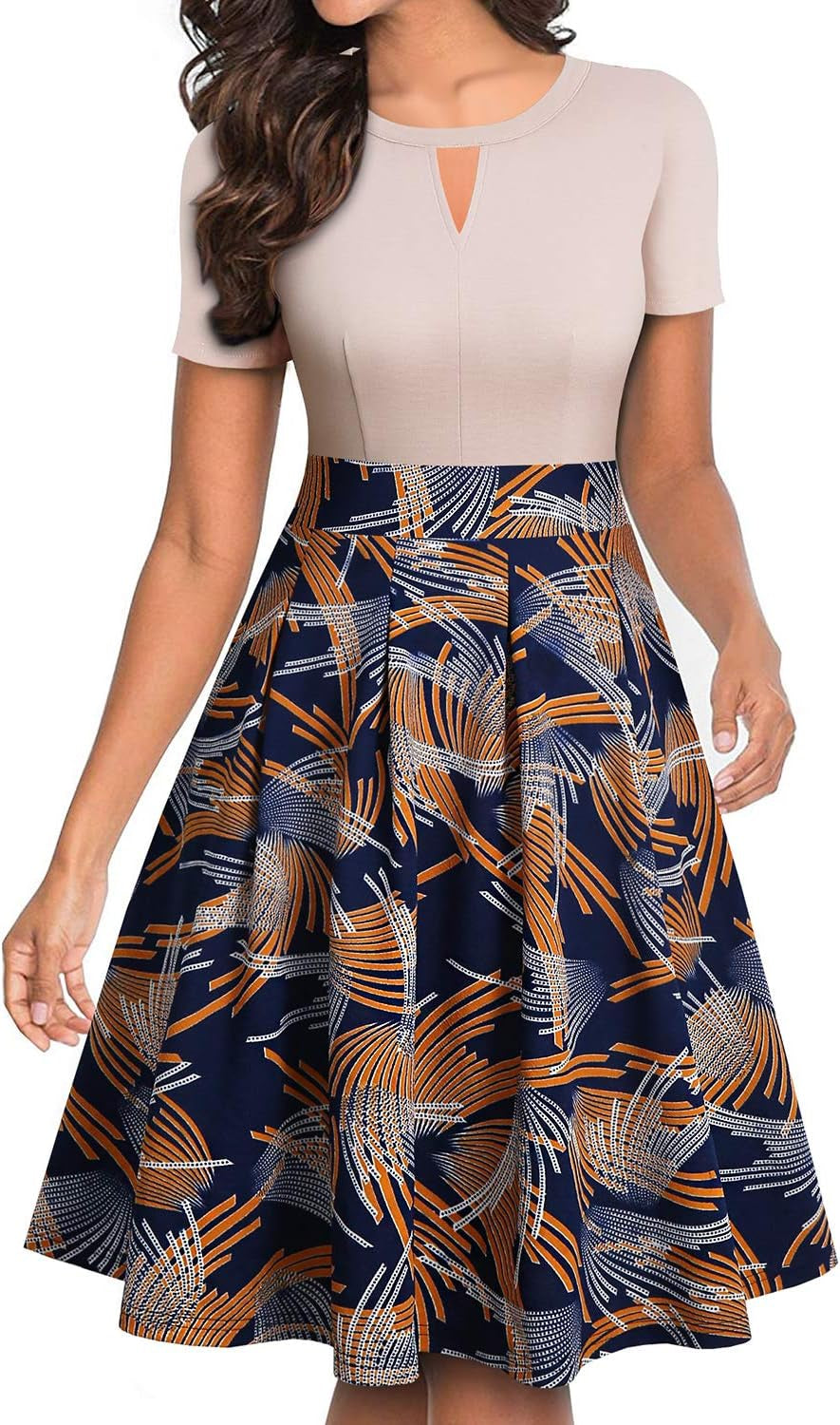 Women'S Vintage Floral Flared A-Line Swing Casual Party Dresses with Pockets