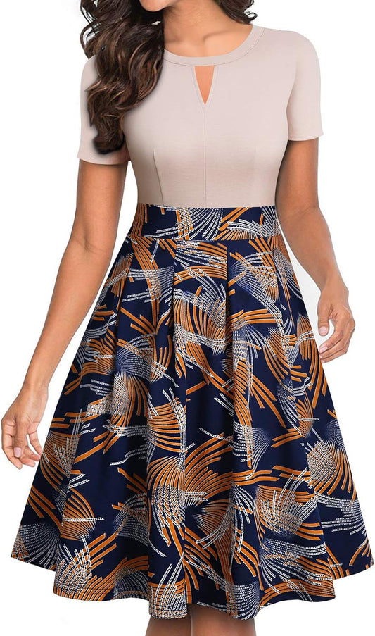 Women'S Vintage Floral Flared A-Line Swing Casual Party Dresses with Pockets