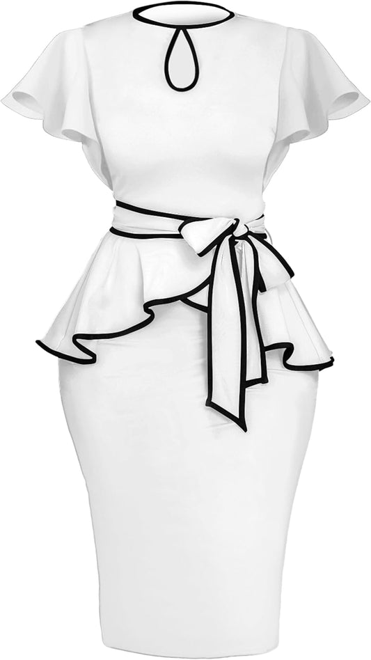 Women'S Vintage Bodycon Church Ruffle Sleeve Ruched Dresses Work Midi Pencil Dress