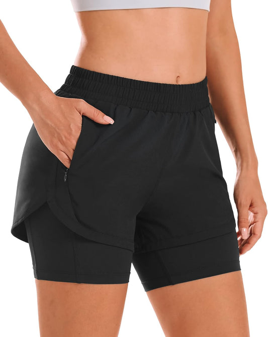 Women 2 in 1 Running Shorts High Waisted Athletic Shorts Gym Workout Shorts with Liner Zipper Pockets